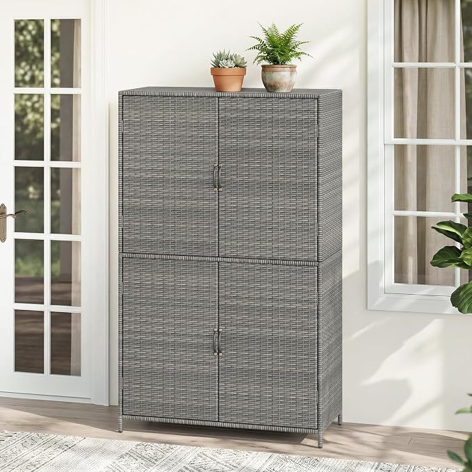Tangkula Rattan Outdoor Storage Cabinet, Patiojoy Outdoor Cabinet with 2 Adjustable Shelves, 4 Doors, Patio Storage Deck Box Table for Patio Garden Poolside