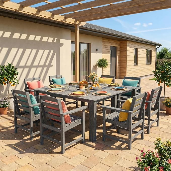 Dining Table Set, 10-Piece HDPE Outdoor Dining Set for 8, Gray | 2 Tables & 8 Chairs, 1.7" Umbrella Hole, 300 lb/Chair, Waterproof Wood-Grain Surface, 6-Box Delivery