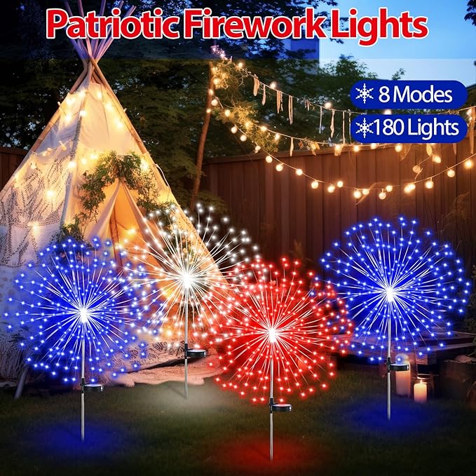 Tujoe 9 Pcs 4th of July Solar Firework Stake Lights 180 LED 8 Modes Solar Waterproof LED Sparkler Lights Outdoor Patriotic Decoration for Memorial Independence Day Garden Patio Yard (Red, Blue, White)