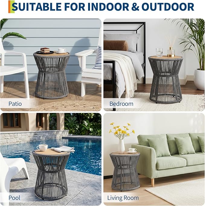 Garvee Outdoor Small Side Table, 20’’ h Patio Rattan End Table with Wood Top Round Coffee Table for Living Room Outdoor Patio Backyard Poolside