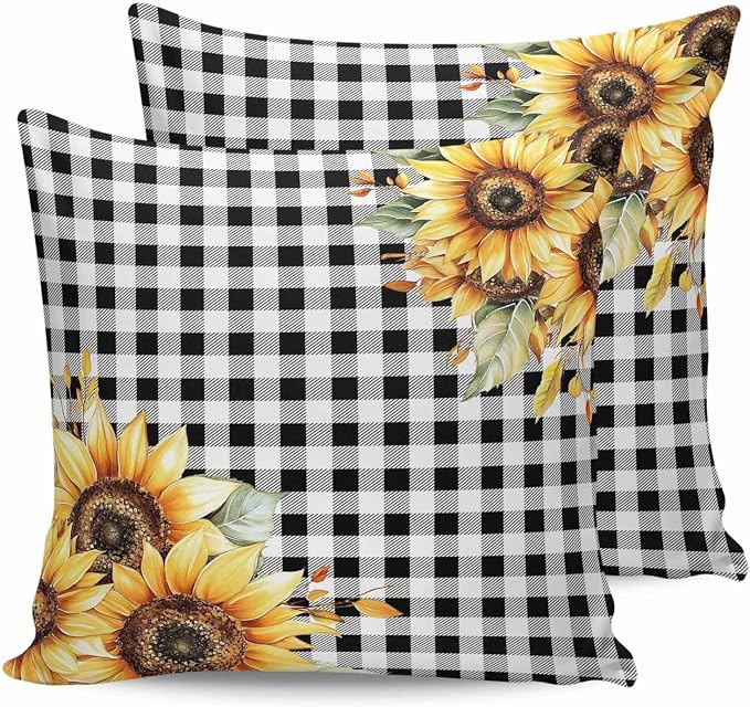 Sunflower Outdoor Waterproof Throw Pillow Covers 16"x16" Set of 2, Buffalo Check Plaid Sunflower Decorative Garden Pillowcase with Zipper Retro Farmhouse Cushion Case for Patio Couch Tent