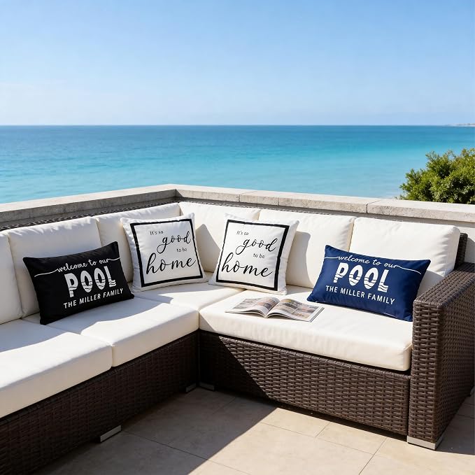 Waterproof Outdoor Pillow Covers 12x20 Inch Set of 2 | Welcome to Our Pool Navy Blue Outdoor Throw Pillow Covers, Summer Decorative Cushion Cases for Patio Garden Porch Sofa
