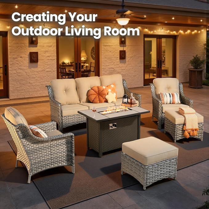 6 Piece Patio Furniture Set with Fire Pit Table, Outdoor Wicker High Back Sofa Chairs Ottoman with Comfy Cushions, Modern Conversation Sets for Backyard Deck Garden Poolside, Beige