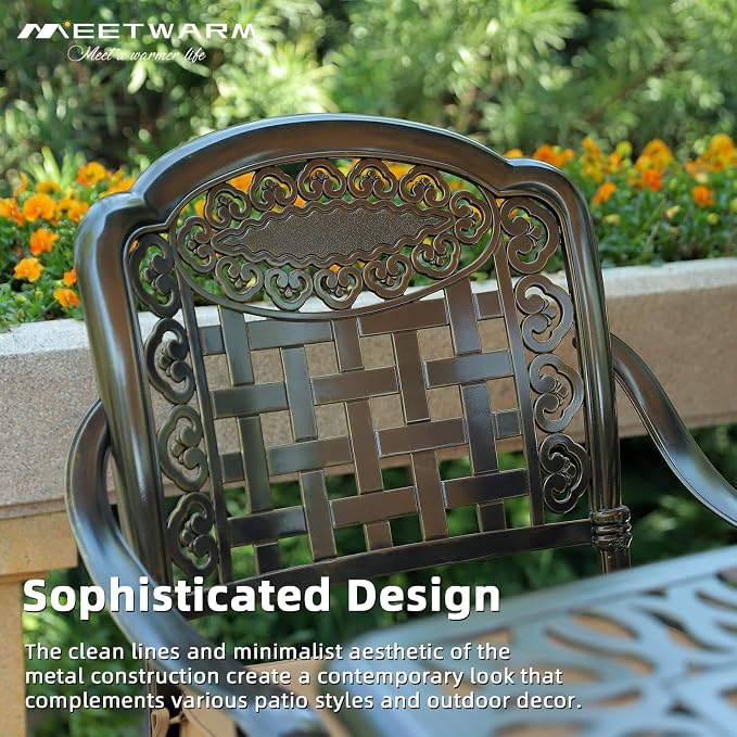 MEETWARM 5-Piece Outdoor Patio Dining Set, All-Weather Cast Aluminum Patio Conversation Set with 4 Cushions Swivel Rocker Chairs for Backyard Garden Deck and 38.5" Round Table, Navy Blue