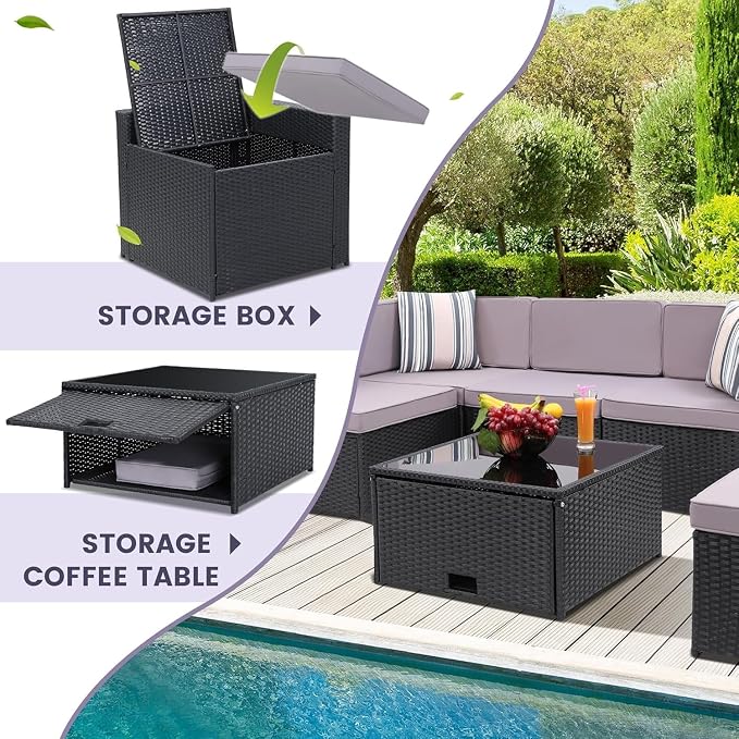 8-Piece Outdoor Wicker Patio Furniture Set with Glass Top Table Featuring Hidden Storage for Backyard, Garden, Deck, or Porch(Gray2)