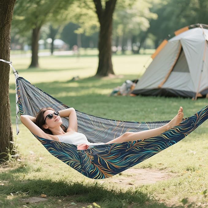 Camping Hammock Outdoor Hammocks for Outside Peacock Feathers Beach Trees Portable Lightweight with Pockets Tree Straps Indoor Small