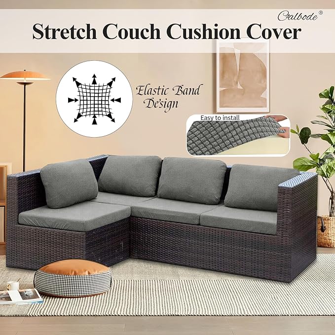 CALBODE 8Pcs Outdoor Stretch Cushion Covers,Waterproof Outdoor Chair Cushion Covers for Patio Furniture, Washable Jacquard Couch Covers Replacement for Patio Furniture(Grey, Cover Only)