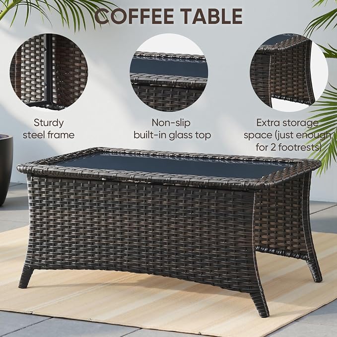Swivel Patio Chairs sofa Set of 6 with 6" Thick Cushion - Wicker Outdoor Swivel Rocker Patio Chair ,Sofa/Glass coffee table, High Back Comfortable Outdoor Glider Chairs - Brown Wicker - Blue Cushions