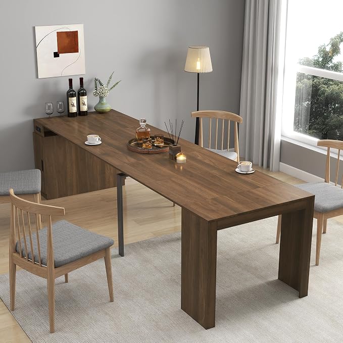 23.62”-118.11” Extendable Dining Room Table, 1-10 People Wood Long Foldable Tables with Storage Cabinet & Outlet, Space Saving Expanding Table with for Kitchen, Living Room, Party, Walnut