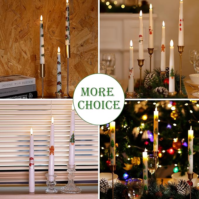 Christmas Flameless Taper Candles with Pine Leaves, Pine Cones, Bells, 9.6" Real Wax LED Candles with Remote, 3 Pcs Flickering Battery Operated Candlesticks, Xmas Candle for Home, Party Decor