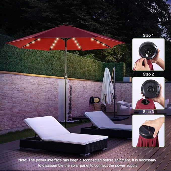 Backyard Expressions 9FT Solar Patio Umbrella with 32 LED Lights, UPF50+ UV Protection, Fade-Resistant Fabric, Easy Tilt & Crank, Outdoor Umbrella for Patio, Deck & Pool (Base Not Included)