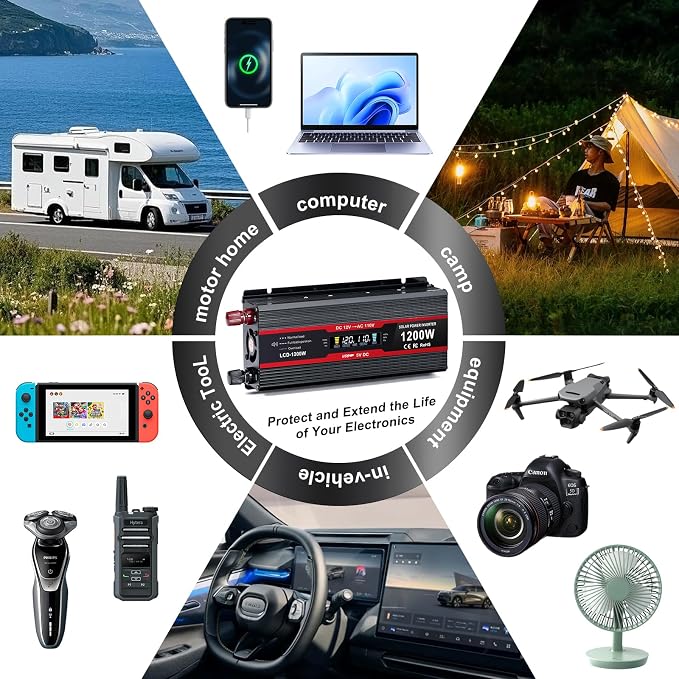 1200Watt Car Power Inverter 12V DC to 110V AC,1200W Inverter,Power Inverters for Vehicles with LCD Display and AC Outlets 2A USB Charging Port (Black)