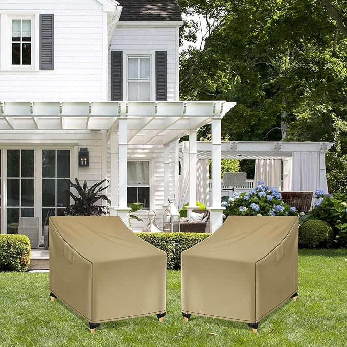 WLEAFJ Outdoor Chair Covers Waterproof, Khaki Lawn Patio Furniture Covers, Heavy Duty Wicker Garden Sofa Chair Cover, 2 Pack - 29" W x 30" D x 36" H