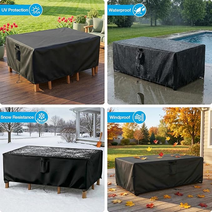 KANAGAWA Rectangular Patio Furniture Covers,108"(L) x 82"(W) x 28"(H) Heavy Duty Table and Chairs Cover,Anti-Fading Outdoor Waterproof 420D Furniture Cover with UV Resistant,Black