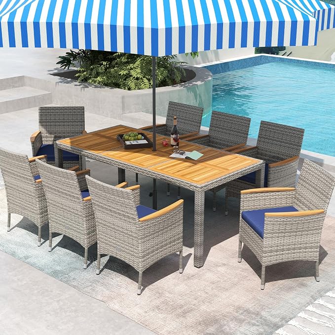 KOTEK Outdoor Dining Set for 8, Wicker Patio Dining Table and Chairs Set with Cushions & 2'' Umbrella Hole, 9 Pcs PE Rattan Patio Furniture Set for Garden, Deck, Backyard (Navy)