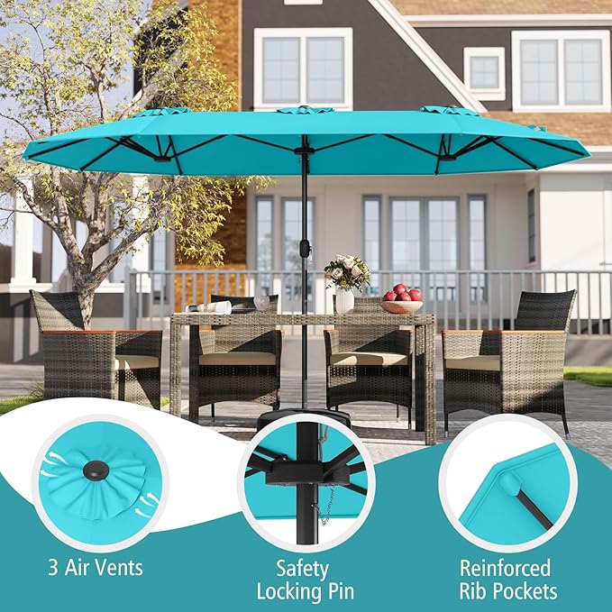 Tangkula 13FT Double-sided Patio Umbrella, Extra Large Twin Table Umbrella with Crank Handle, Umbrella Base, Safety Lock, Air Vent, Outdoor Market Umbrella for Garden Pool Backyard (Turquoise)