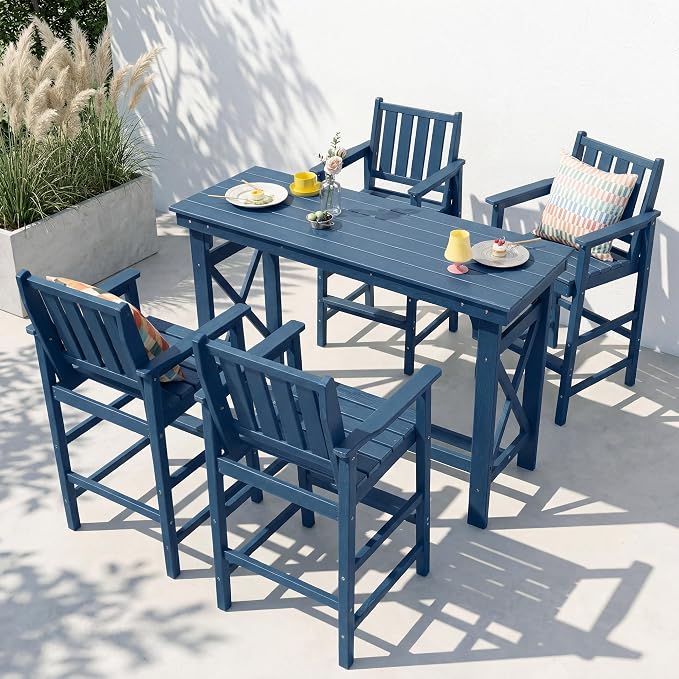 Adirondack Chairs Set of 4, All Weather HDPE Counter Height Bar Chair with Wide Armrests & Footrest, Heavy-Duty Outdoor Bar Height Barstools Set for Patio, Balcony, Pool, Backyard, Blue