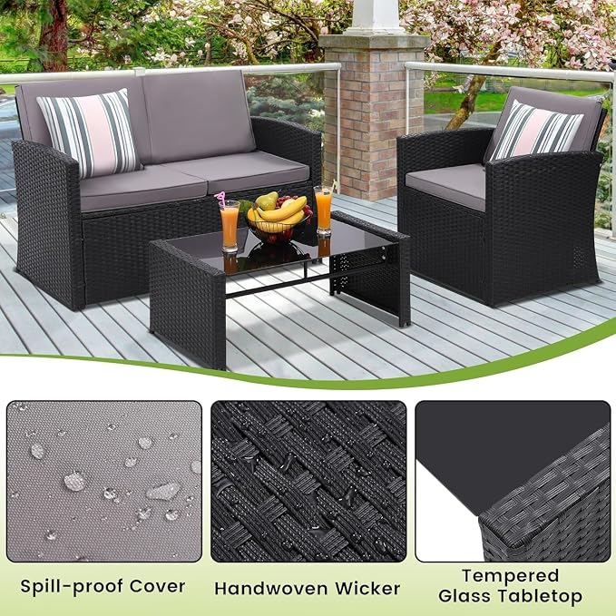4 Pieces Outdoor Patio Furniture Set with Rattan Sectional Sofa, Cushioned Wicker Conversation Set in Black Frame and Light Grey Cushions for Garden Porch Backyard Relaxing Seating