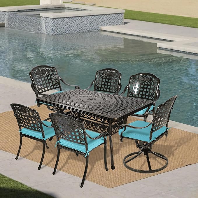 VIVIJASON 7-Piece Patio Furniture Dining Set, Outdoor Cast Aluminum Conversation Set, Include 4 Stationary Chairs, 2 Swivel Dining Chairs and a Rectangle Table with Umbrella Hole, Ocean Blue Cushion