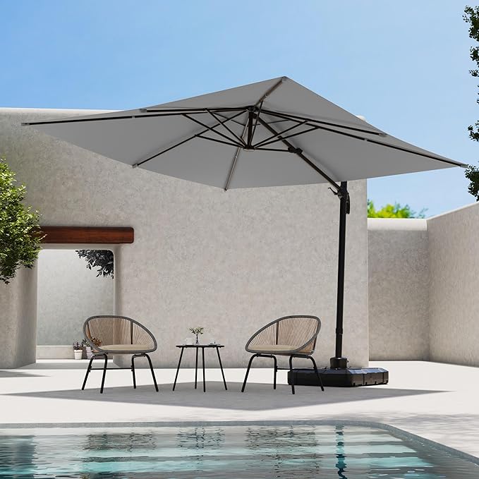 LAUSAINT HOME 9ft Square Cantilever Patio Umbrella, Outdoor Offset Hanging Umbrella with 360° Rotation & Aluminum Pole for Backyard, Pool, Lawn, Deck, Grey