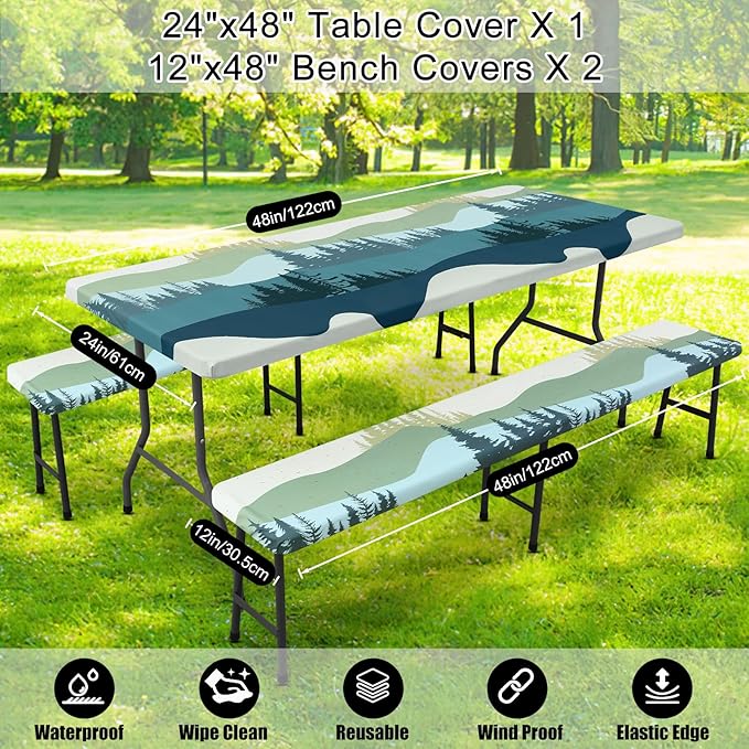 Smiry Picnic Table Cover with Bench Covers, Waterproof Elastic Fitted Tablecloth for 4 Foot Tables, Washable Polyester Tablecloths for Camping, Indoor & Outdoor (Green Blue, 24x48 Inch 3-pc Set)