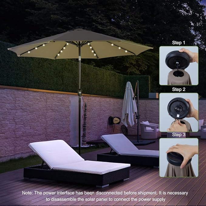 Backyard Expressions 9FT Solar Patio Umbrella with 32 LED Lights, UPF50+ UV Protection, Fade-Resistant Fabric, Easy Tilt & Crank, Outdoor Umbrella for Patio, Deck & Pool (Base Not Included)