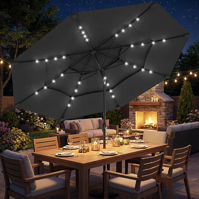 Outsunny 9.7 ft Outdoor Patio Umbrella with 32 Solar LED Lights, 3 Tier Outdoor Table Market Umbrella with Tilt and Crank, 8 Ribs for Garden, Deck, Yard, Poolside