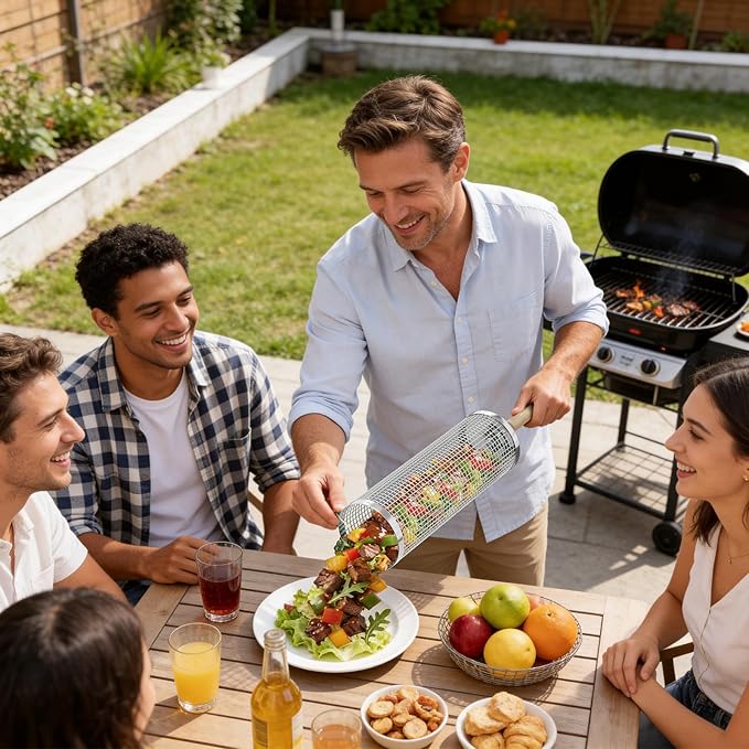 Rolling Grill Basket for Veggies, Heavy Duty 304 Stainless Steel BBQ Grilling Basket with Lock-Tight System, Removable Handles, Nesting Storage, Smoker Camping Accessories, Gifts for Men Dad Husband(2PCS)