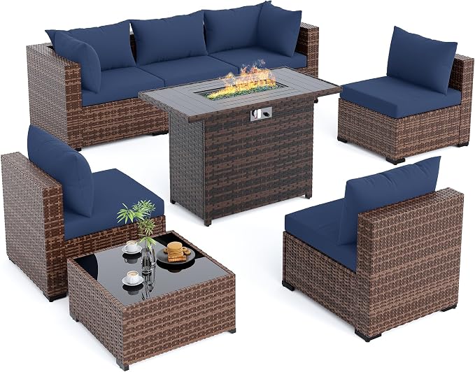 Amopatio 8 Pieces Patio Furniture Set with Fire Pit Table, All-Weather Outdoor Sectional, Wicker Conversation Sofa for Garden, Backyard, Porch, Balcony(Navy Blue)