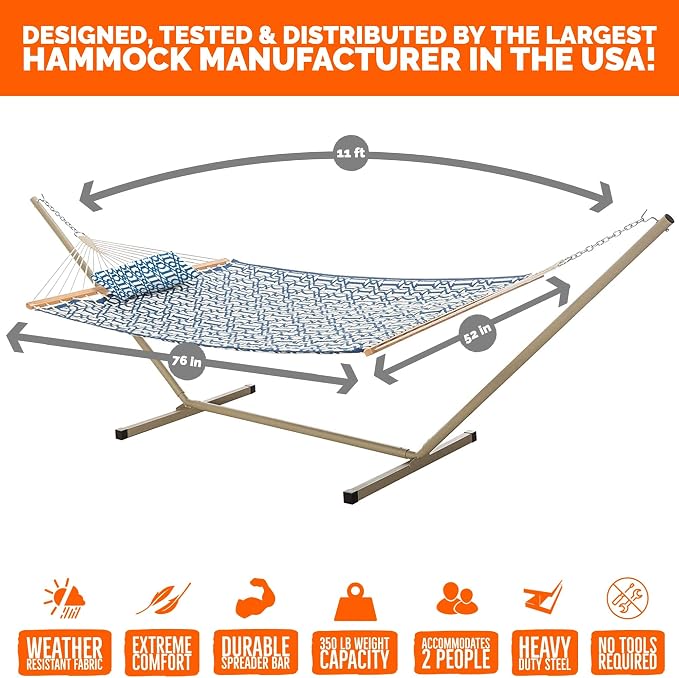 Castaway Living Large 2-Person Quilted Hammock with Stand & Pillow – Navy, 10 ft. L x 52 in. W, 350 lb Capacity, Weather-Resistant Polyester, Portable Space-Saving Frame