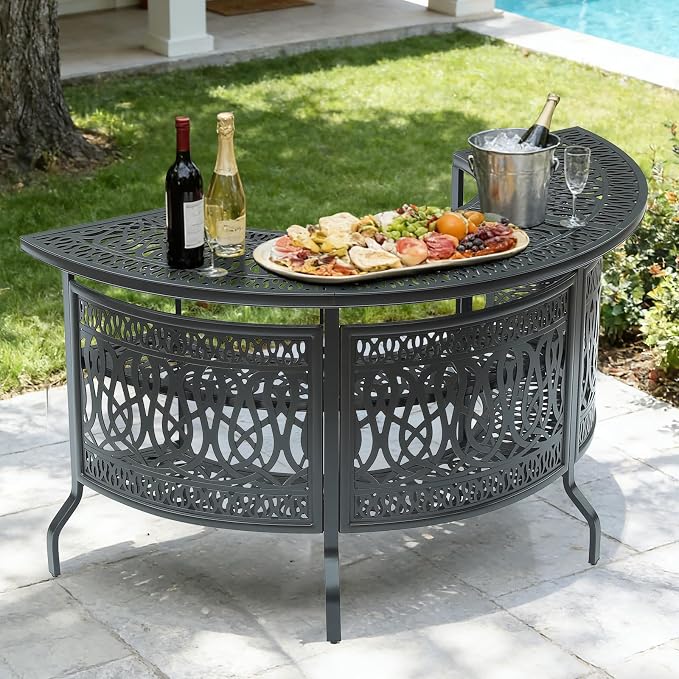 MEETWARM Large 3-Tier Half Moon Outdoor Bar Table, All-Weather Cast Aluminum 75" Patio Party Bar Table with Storage Shelves, 220 LBS Heavy Duty Patio Counter Table High Top Dining Table Home Bar Unit