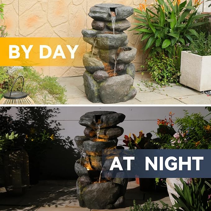 Sunlinua 28.6" H Outdoor Water Fountain with 4 Tiers Cascading Realistic Rock Waterfall Fountains with LED Lights Outdoor Water Fountain for Garden Patio Backyard Porch Home Decor