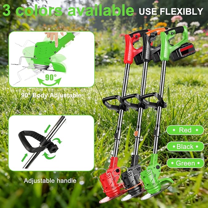 Electric Weed Wacker 21V Brush Cutters Battery Powered 3 in 1 Lightweight Weed Wacker Eater with Blade Adjustable Pole Cordless Grass Trimmer with 2 * 2.0Ah Batteries and Charger for Garden Yard Green