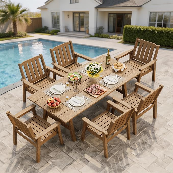 Takywep 23.9” Wide HDPE Patio Dining Chairs Set of 4, 650LBS Capacity All-Weather Yard Armchair with Slatted Seat, Heavy Duty Modern Backyard Furniture for Garden, Poolside, Deck, Natural