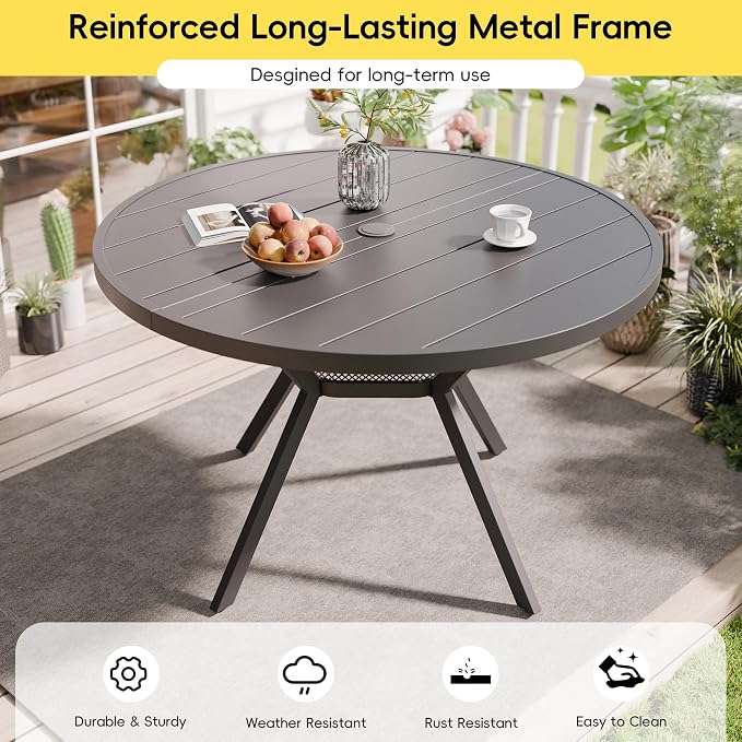Betterhood 42” Outdoor Patio Table, Metal Patio Dining Table for All Weather, Round Outdoor Coffee Table, Patio Table with Adjustable Umbrella Hole or Garden, Backyard and Porch