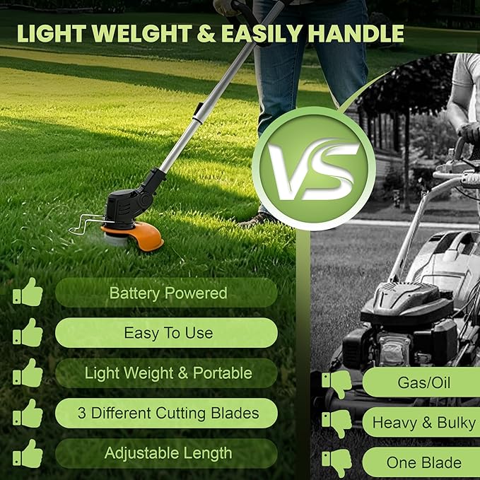 Electric Weed Wacker Cordless Eater, 21V String Trimmer Battery Powered, 3 in 1 Lightweight Grass Trimmer/Brush Cutter/Edge, 4 Types Blade, Weed Trimmer with Wheels for Lawn Yard Garden