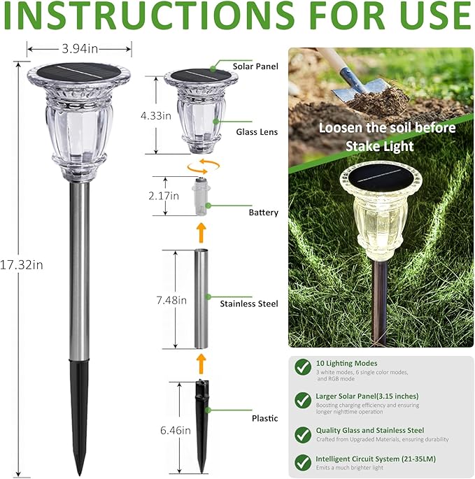Solar Pathway Lights Outdoor 4 Pack, Warm White Solar Garden Lights, 17.5" IP65 Waterproof Glass Stainless Steel Tungsten Solar Powered Landscape Lights for Yard Walkway Driveway Patio Lawn Flower Bed