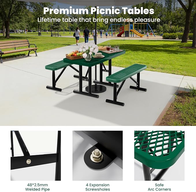 4FT Metal Picnic Tables for Outdoors, Commercial Rectangular Picnic Table for Outside, Park, Campfield, Patio, Garden, Yard, Thermoplastic Coating, Surface Mounted, Green