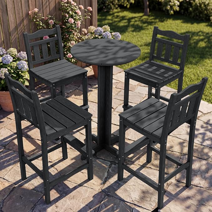 Outdoor Bar Stools Set of 4, HDPE Adirondack Bar Chairs with Backs, All-Weather High Top Patio Chairs, Heavy Duty Armless Bar Height Chair for Balcony, Garden, Deck (Black, 4pcs Set)