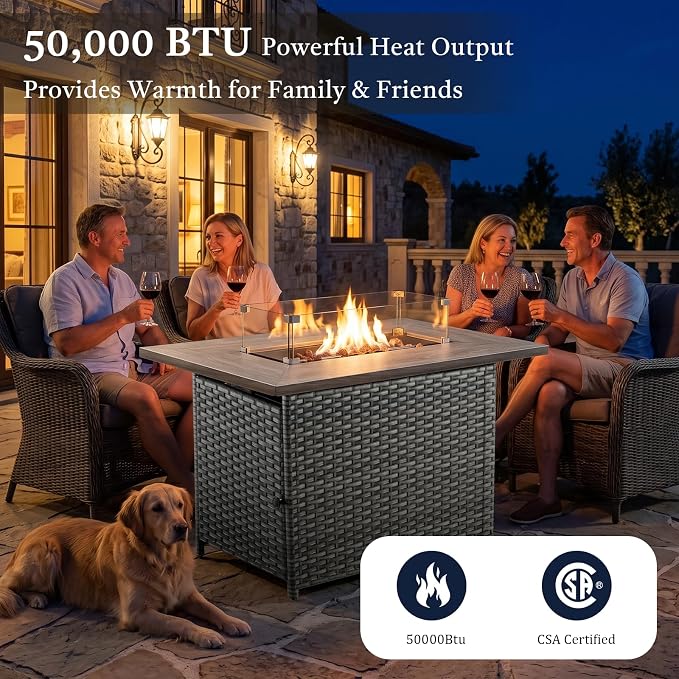 Luxury 6" Thick Cushion 11 Pieces Wicker Patio Furniture Set with 41”Fire Table, Outdoor Conversation Set with Swivel Rocker Chairs Set of 4 and Patio Couch for Deck Porch Yard and Poolside