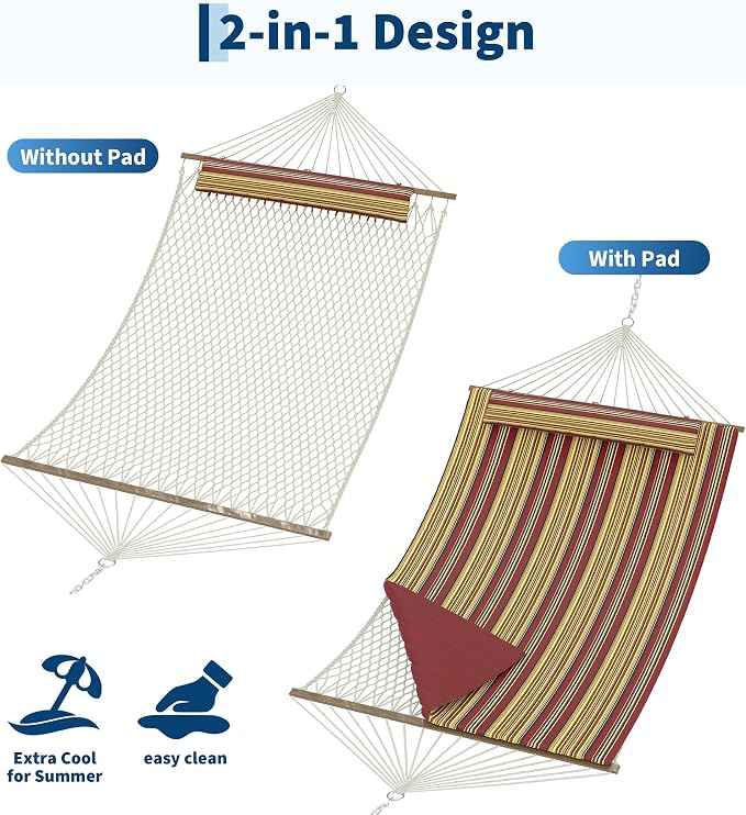 2 Person Hammock with Stand - Cotton Rope & Padded Polyester Mat - Adjustable Steel Frame - Outdoor Comfort for Patio, Backyard, Garden, Beach - Red & Yellow Stripes