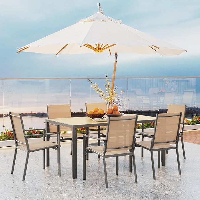 Ahomly Patio Table and Chairs Set for 6, Outdoor Dining Set Includes 59.5" Rectangle Patio Table with Side Umbrella Hole and 6 Textilene Fabric Patio Chairs for Backyard, Courtyard, Poolside, Brown