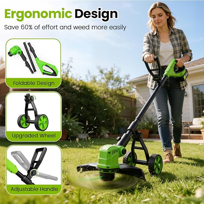 14" Electric String Trimmer Cordless Battery Powered Weed Eater with Wheel, 3-in-1 Cordless Grass Trimmer/Electric Weed Wacker/Edger, Weed Trimmer with 8 Replacement Spools for Garden, Lawn (Green)