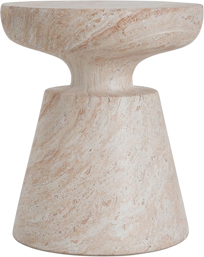 Outdoor Side Table 17.75" Hourglass Shape Concrete Side Table, Patio Tables for Outside Decorative Garden Stools, No Assembly Accent Table for Patio Porch Living Room, Beige