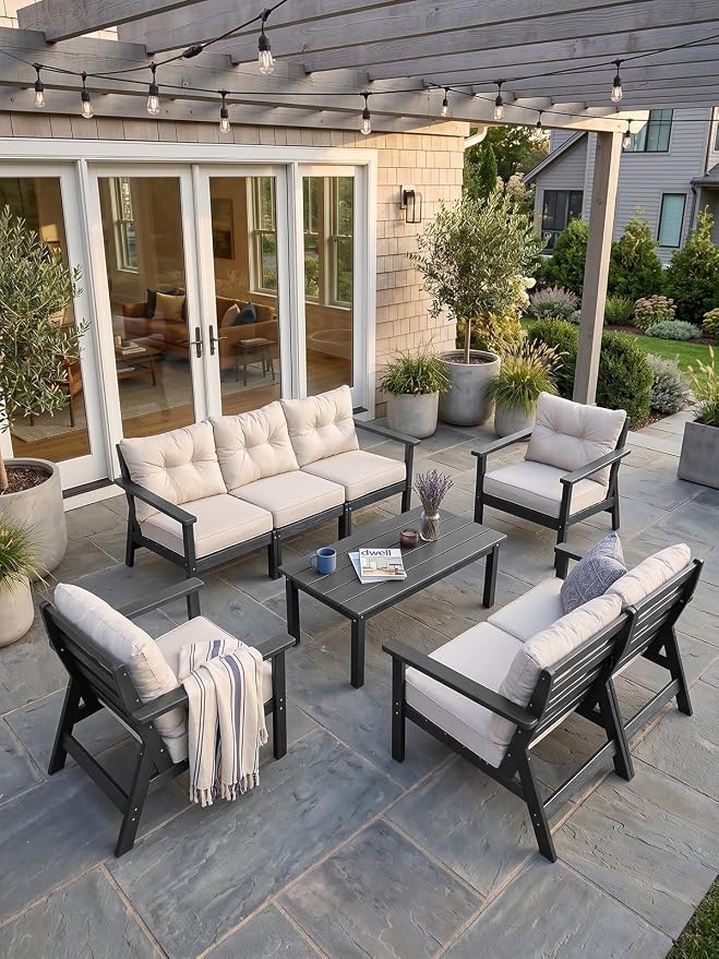HDPE Patio Conversation Set 8 Seats, Outdoor Furniture Set, Patio Sofa Set | Water-Resistant Thick Cushion, HDPE All Weather, Wood-Grain, No Rot or Rust or Crack, UV Fade Shield, Easy-Clean for Outside