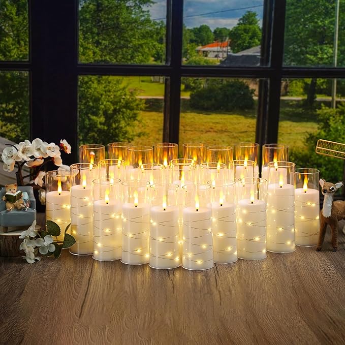 Nimiko Flickering Flameless LED Candles,Battery Operated Candles 24 Pcs with Embedded Star String,Acrylic LED Pillar Candles with Remote,Suitable for Home Decoration to Create an Atmosphere (White)