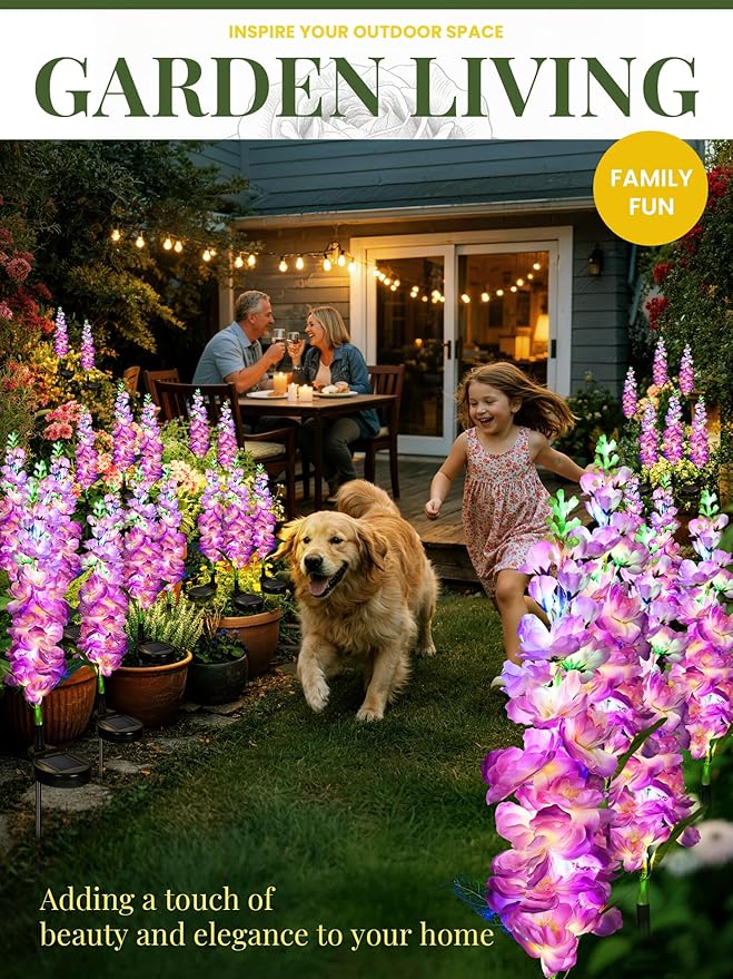 GIGALUMI Solar Lights Outdoor for Garden Decor, 2 Pack Solar Flower Lights Waterproof, 2 Lighting Modes Delphinium for Pathway,Yard, Patio Decoration, Gardening Gifts for Women (Purple)