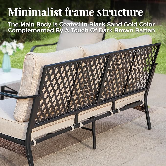 Patio Furniture Set with Fire Pit Table, Metal Outdoor Conversation Set with 5.75'' Extra Thick Cushion, 2 Leg Chairs, Loveseat Sofa, 3-Seat Sofa and Gas Fire Pit Table, Beige