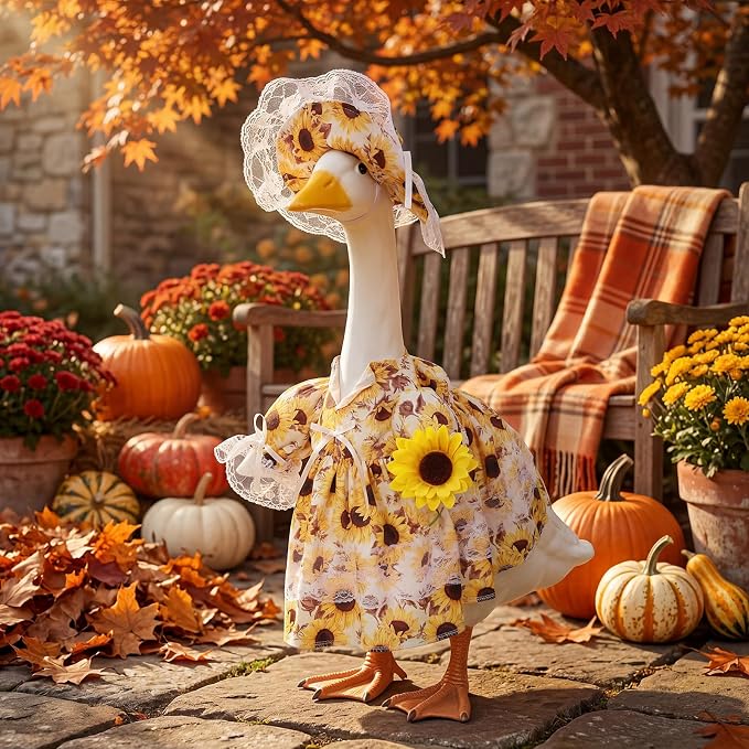 FuWeave Fall Porch Goose Outfit Maple Goose Costume Fancy Porch Geese Clothes with Wide Hat for 23" 17" Outdoor Patio
