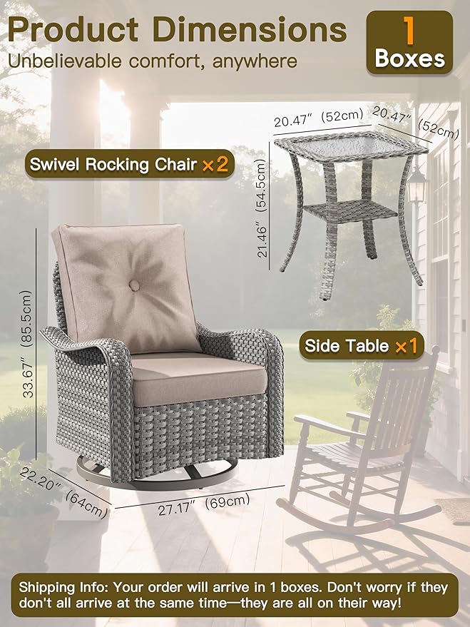 3-Piece Patio Furniture Set, Outdoor Swivel Rocking Chairs with 4" Thick Cushions & Side Table, All-Weather PE Rattan & Rust-Resistant Steel Frame Conversation Set for Porch, Garden, Backyard, Beige